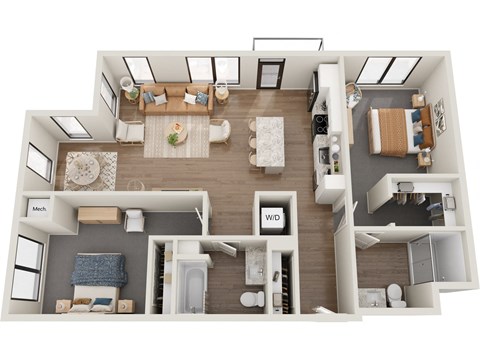 Floor plan for 2 beds, 2 baths, 1075 sqft